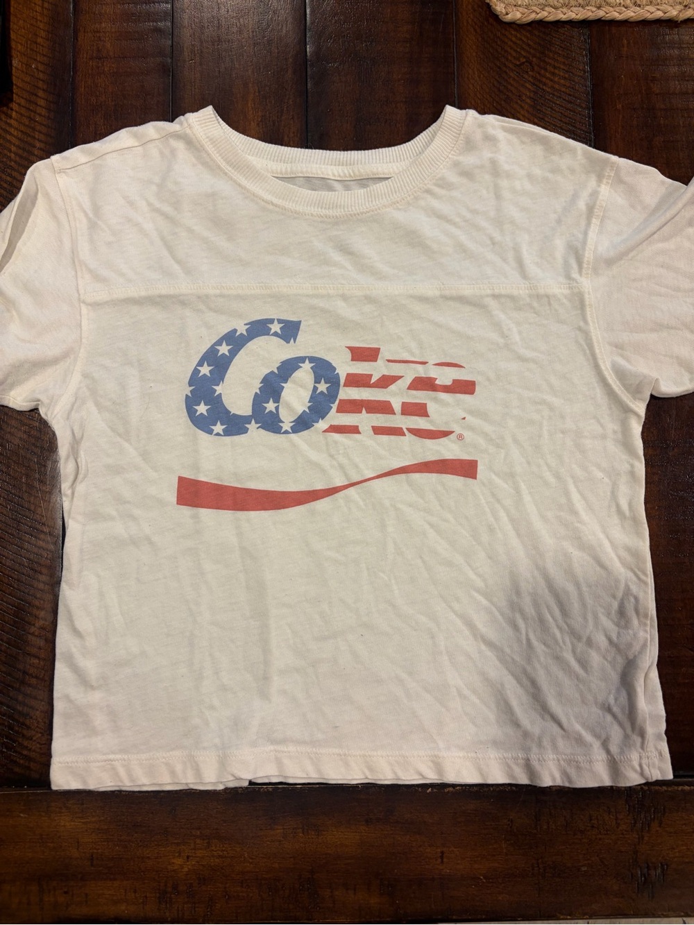 Coca-Cola White Kids' Tee with Red & Blue Flag Graphic